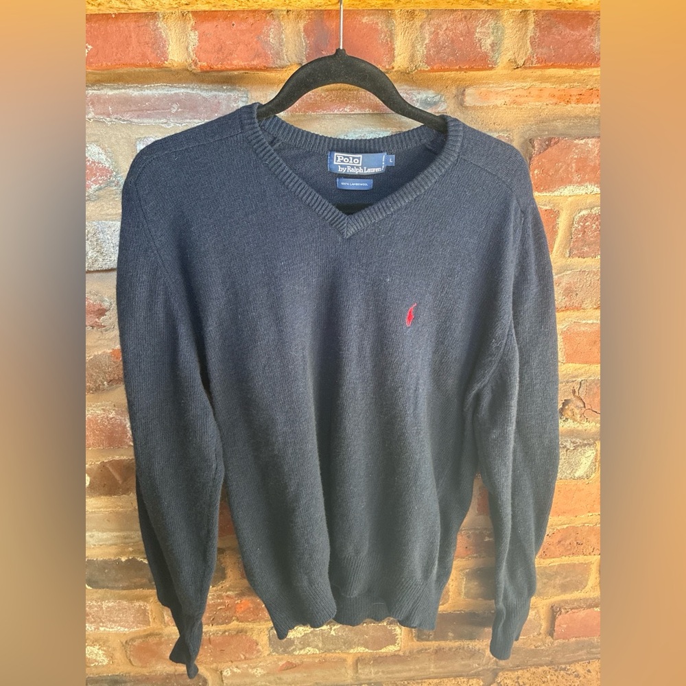 Ralph Lauren Navy V-Neck Sweater with Red Pony